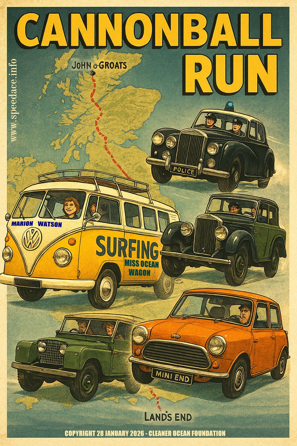 The Cannonball Run, historic vehicle road race from John O'Groats to Land's End.